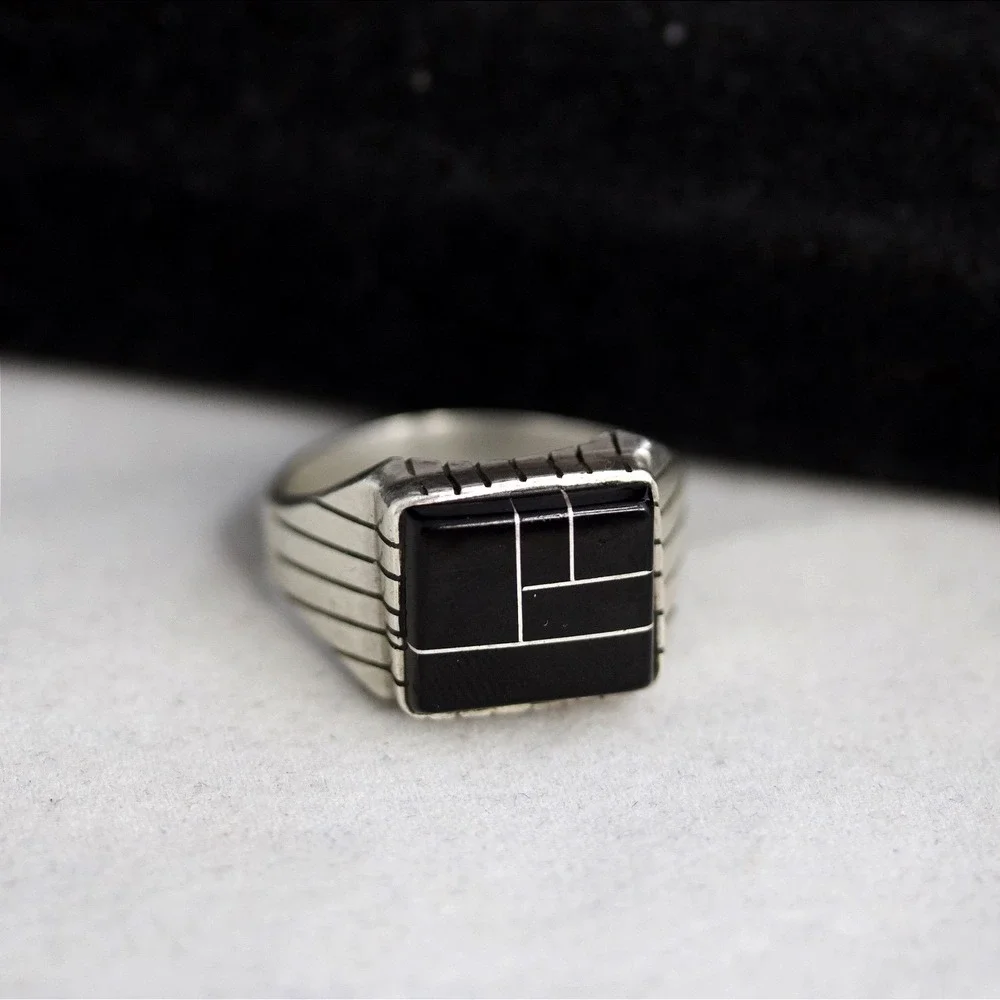 Sterling Silver Black Inlay Geometric Signet Ring Size 13 Modernist Design